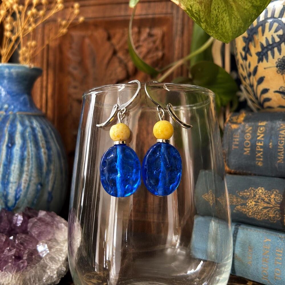 Cobalt Blue Glass Dangle Earrings, Lemon Jade Beads, Stainless Leverback